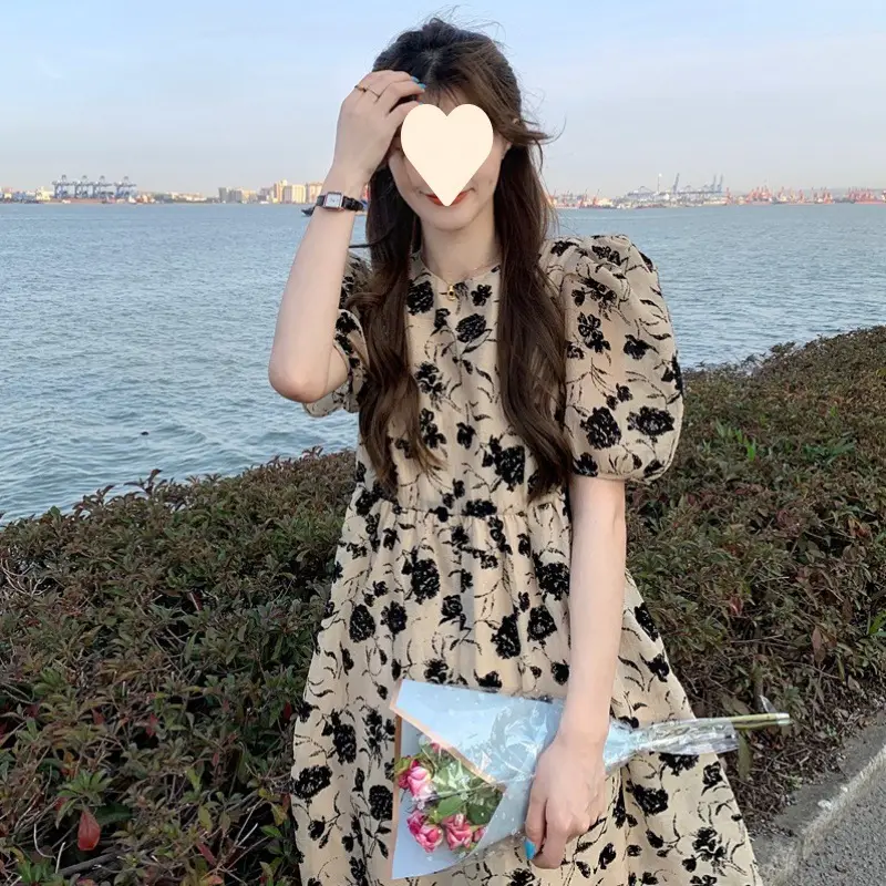 French Retro Floral Puff Sleeve Midi Dress Women - Image 2