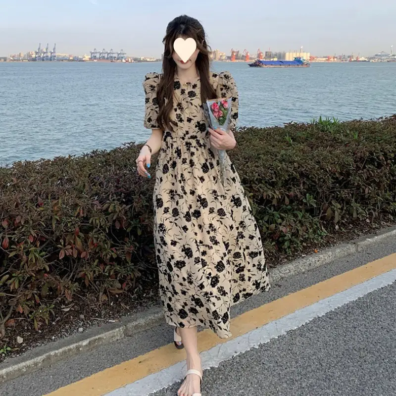 French Retro Floral Puff Sleeve Midi Dress Women - Image 3