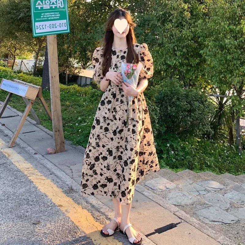 French Retro Floral Puff Sleeve Midi Dress Women - Image 4