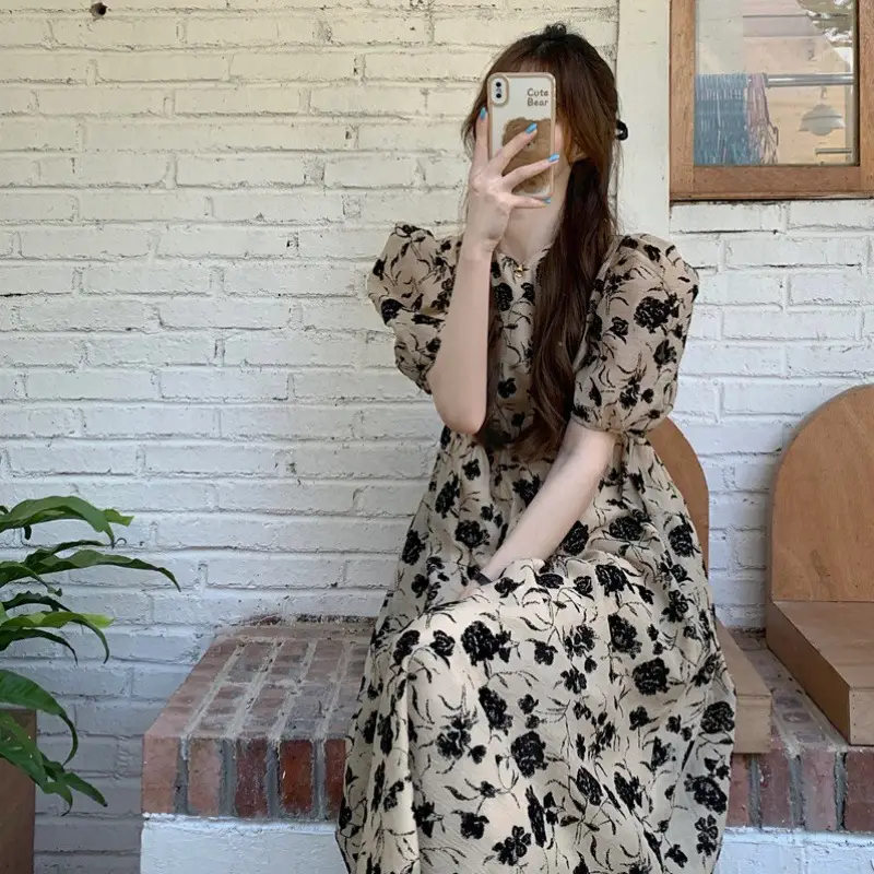 French Retro Floral Puff Sleeve Midi Dress Women - Image 5