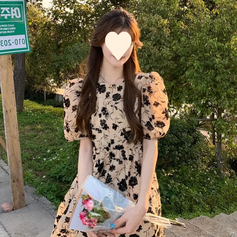 French Retro Floral Puff Sleeve Midi Dress Women - Image 6