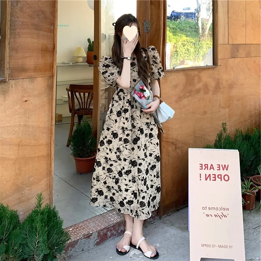 French Retro Floral Puff Sleeve Midi Dress Women — feature 10