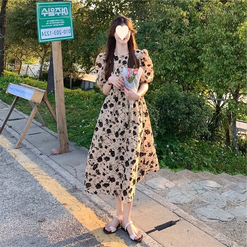 French Retro Floral Puff Sleeve Midi Dress Women — feature 11