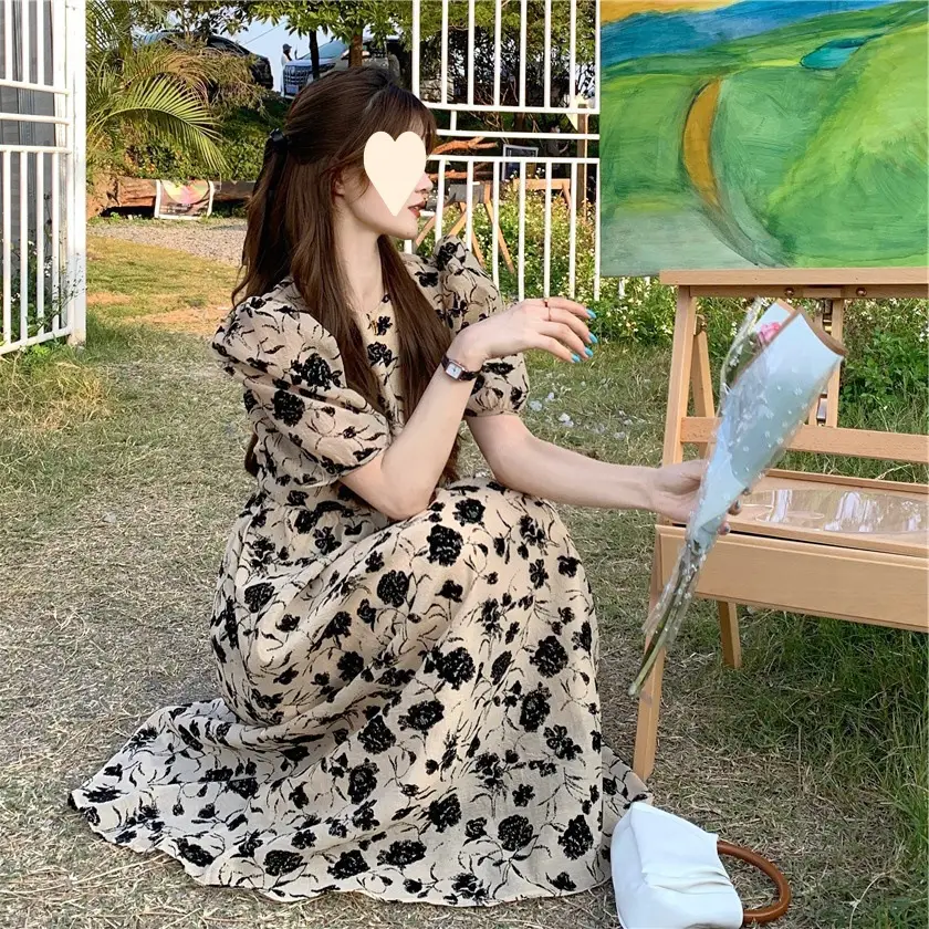 French Retro Floral Puff Sleeve Midi Dress Women — feature 3