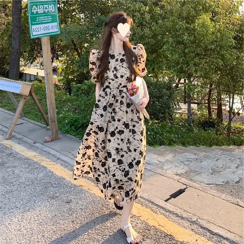 French Retro Floral Puff Sleeve Midi Dress Women — feature 4