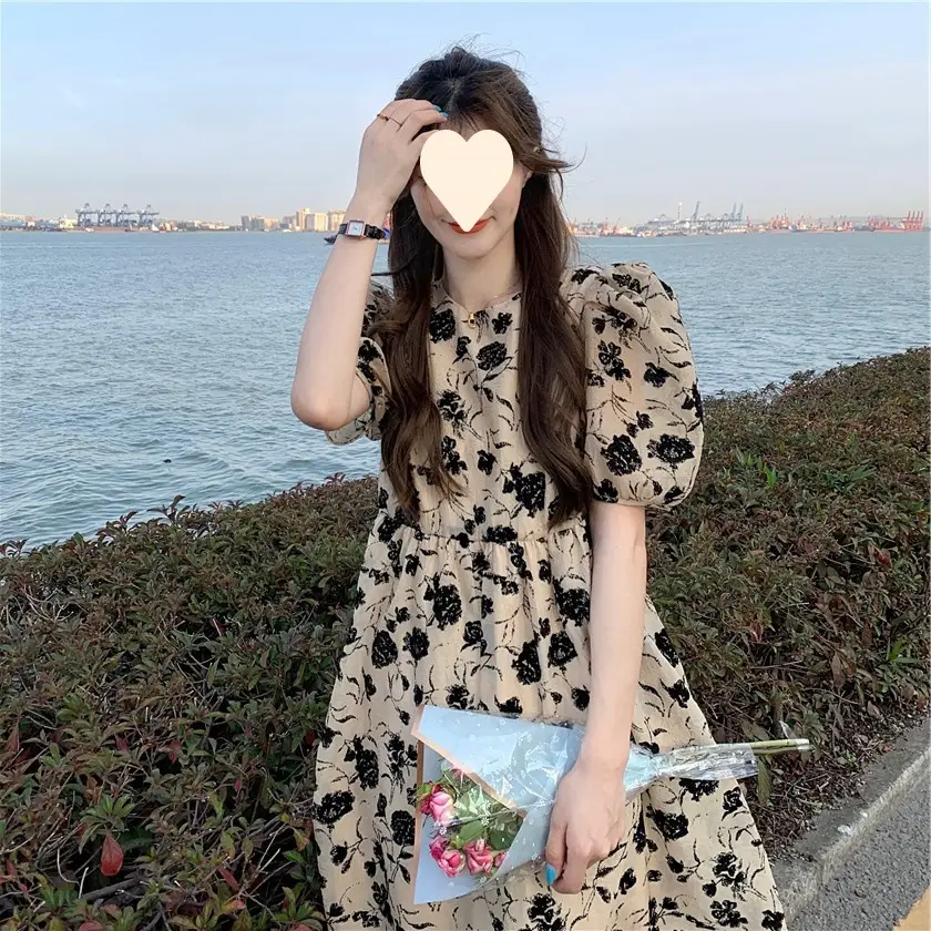 French Retro Floral Puff Sleeve Midi Dress Women — feature 5