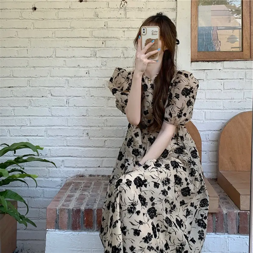 French Retro Floral Puff Sleeve Midi Dress Women — feature 6