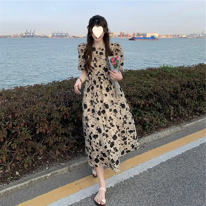 French Retro Floral Puff Sleeve Midi Dress Women — feature 7