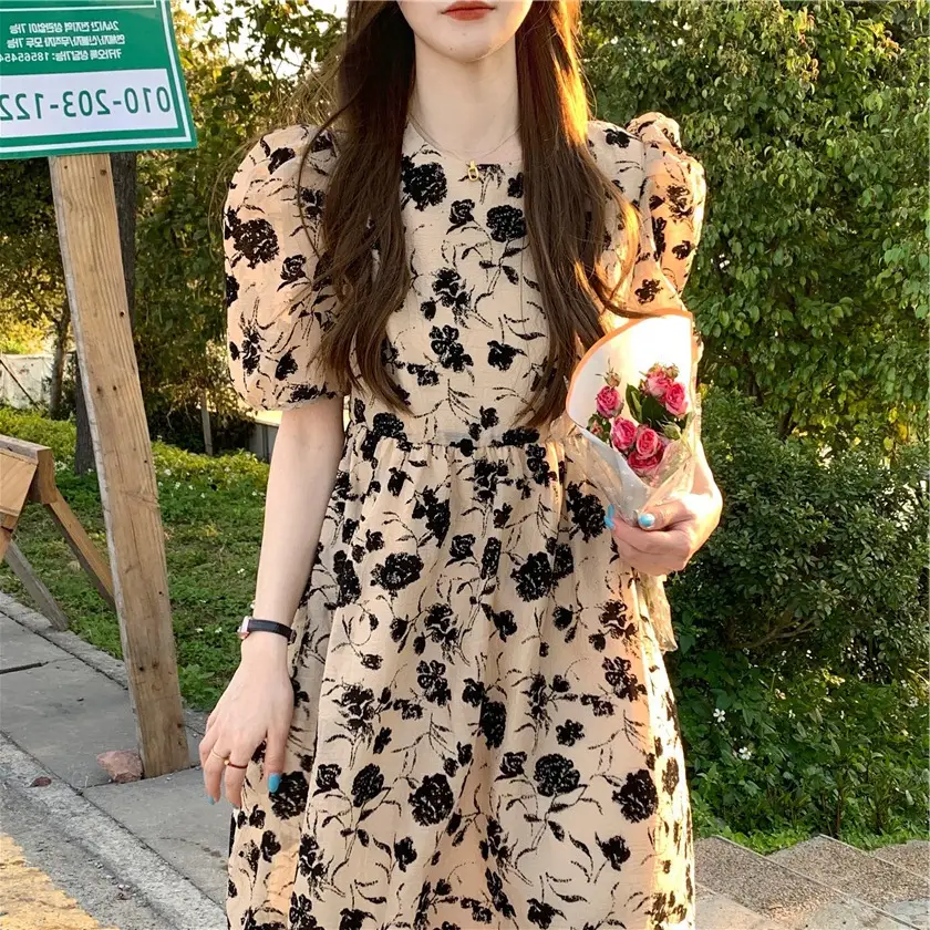 French Retro Floral Puff Sleeve Midi Dress Women — feature 8