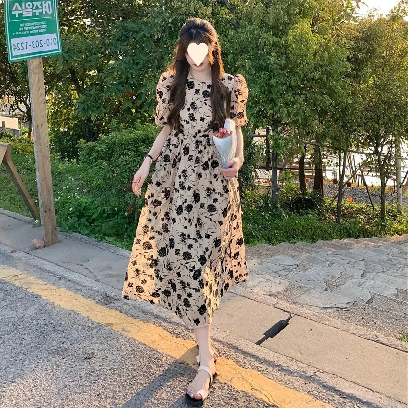 French Retro Floral Puff Sleeve Midi Dress Women — feature 9