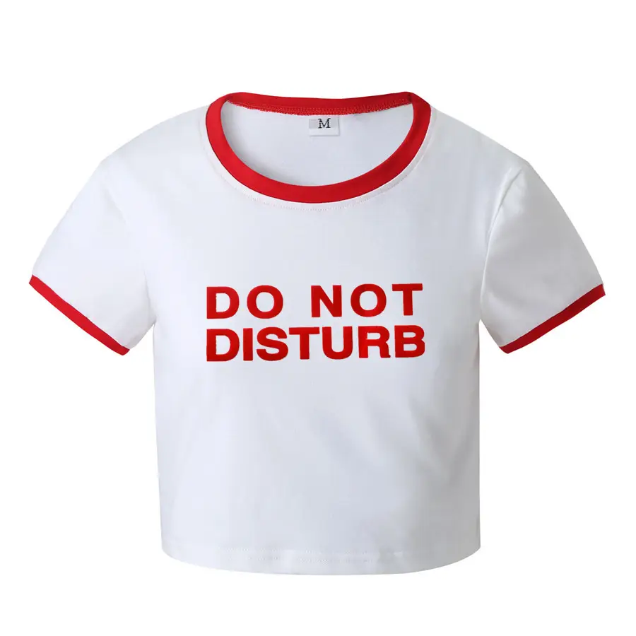 Women Summer T-Shirt White Red Print Round Neck