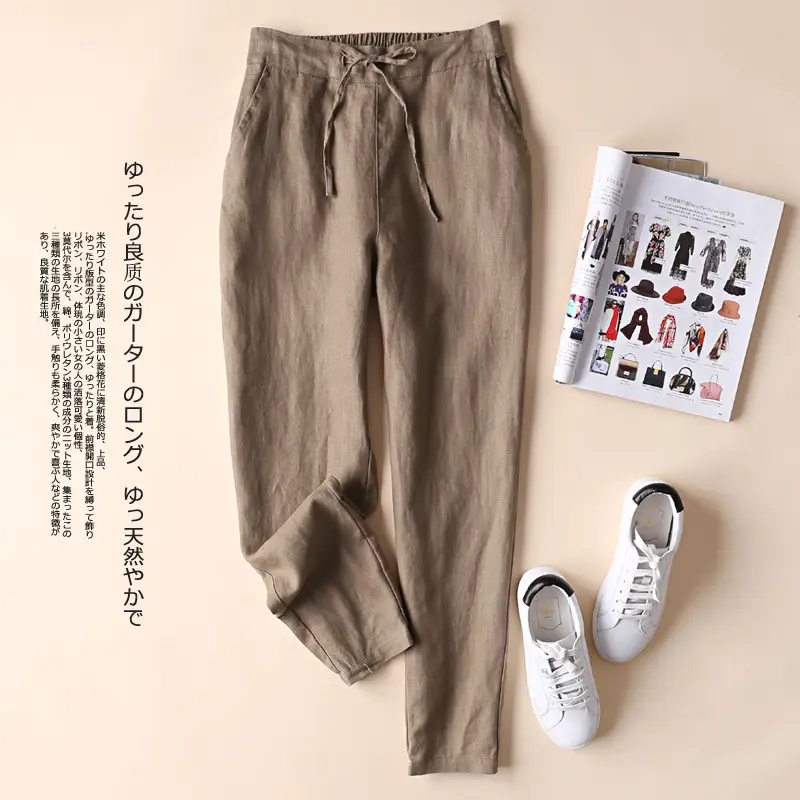 Women Linen Casual Pants Large Beige - Image 7
