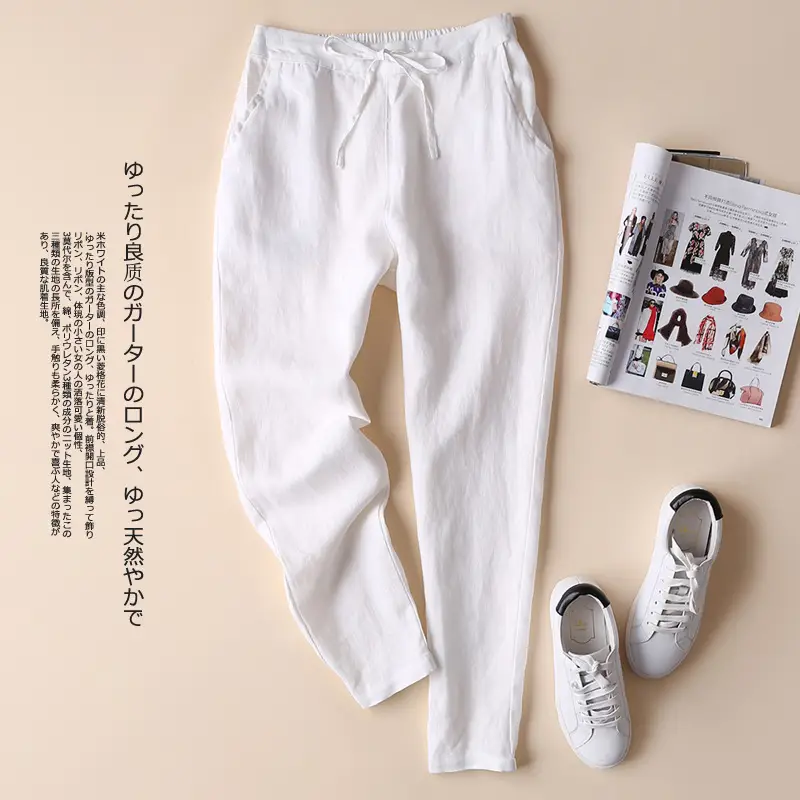 Women Linen Casual Pants Large Beige - Image 10
