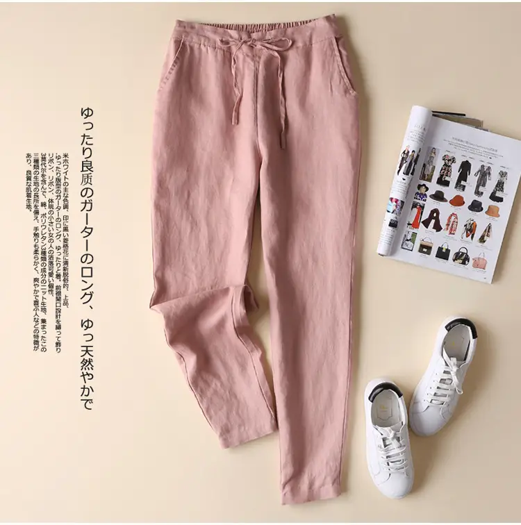 Women Linen Casual Pants Large Beige — feature 3