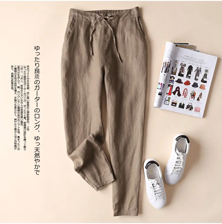 Women Linen Casual Pants Large Beige — feature 6