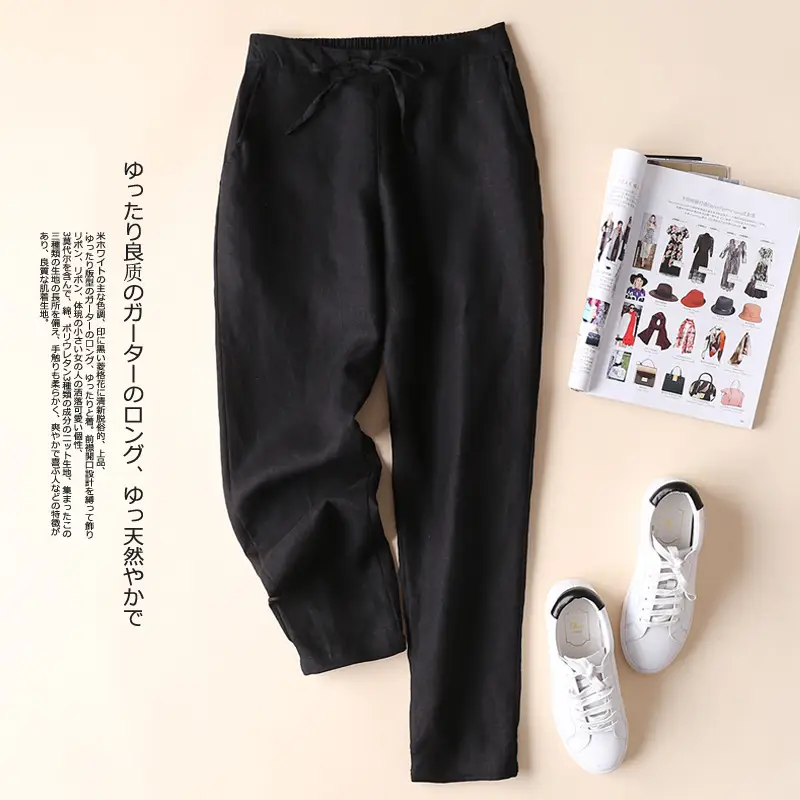 Women Linen Casual Pants Large Beige - Image 2