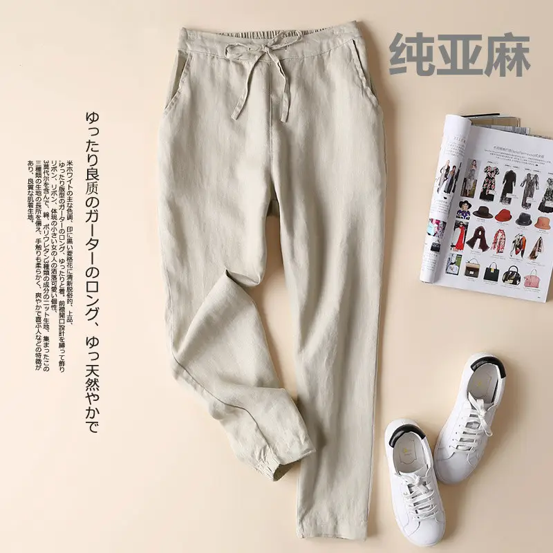 Women Linen Casual Pants Large Beige - Image 3