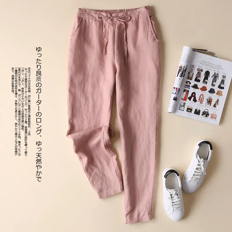Women Linen Casual Pants Large Beige - Image 4