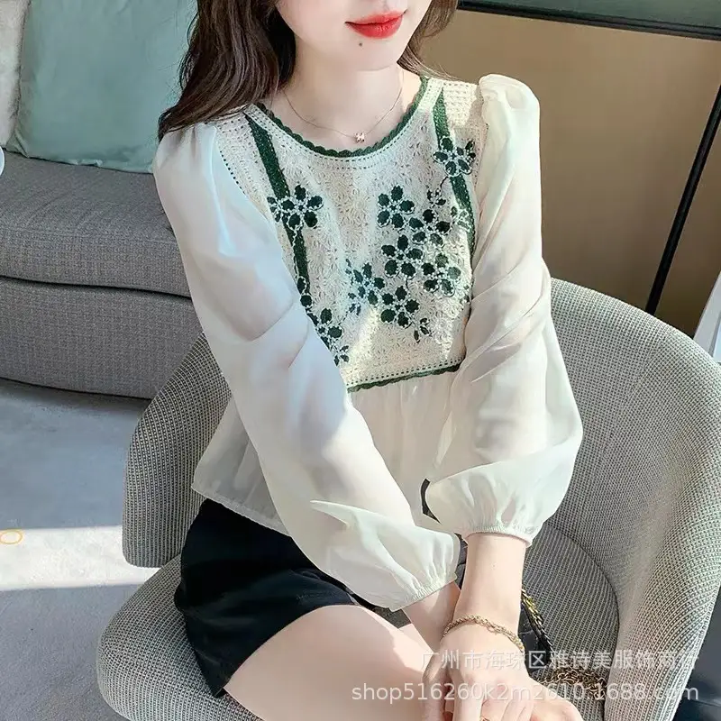 Women Chiffon Beaded Neckline Shirt White Green - Image 5