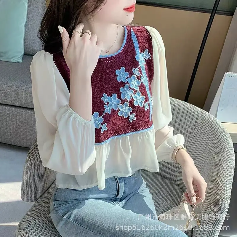 Women Chiffon Beaded Neckline Shirt White Green - Image 6