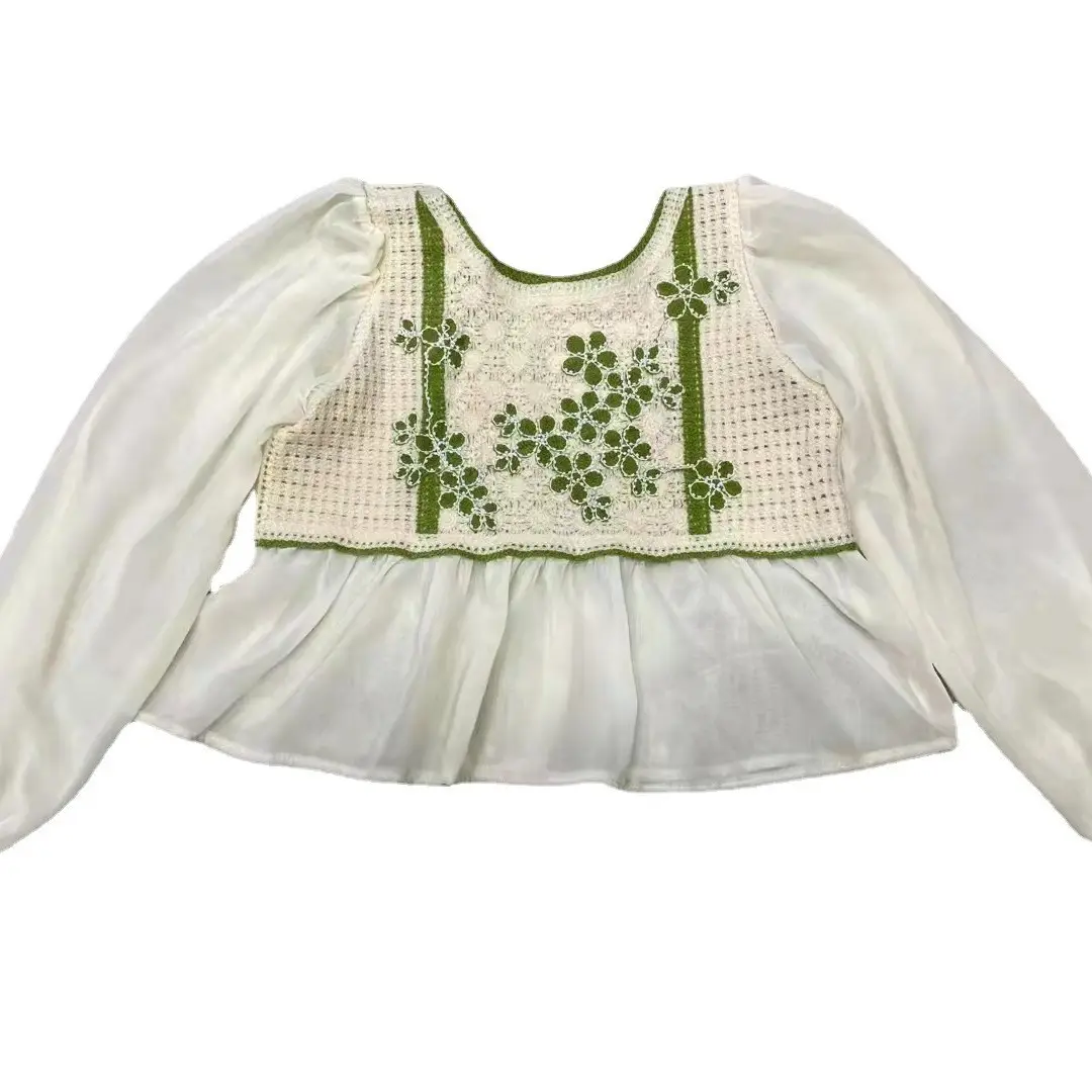Women Chiffon Beaded Neckline Shirt White Green - Image 8