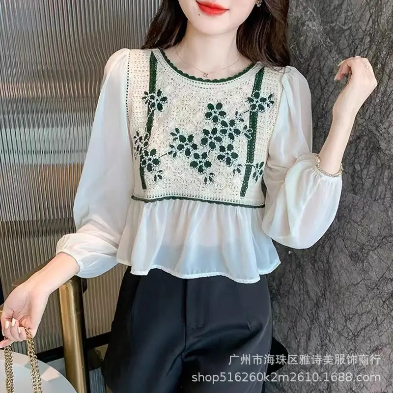 Women Chiffon Beaded Neckline Shirt White Green - Image 2