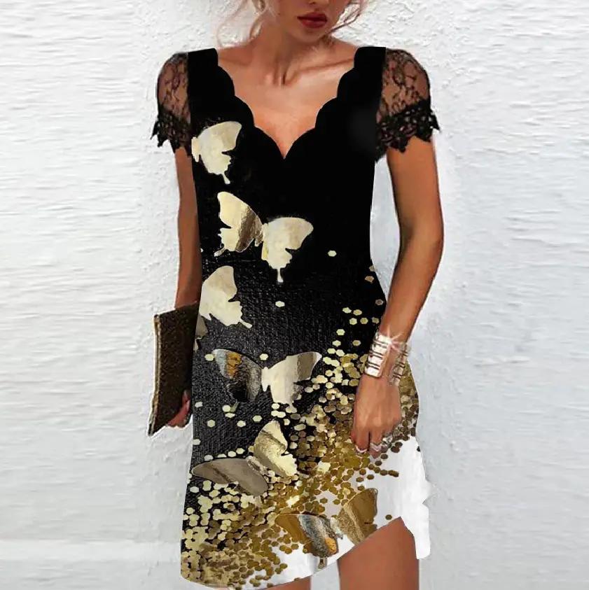 Black Floral Lace Short Sleeve Plus Size Dress - Image 4