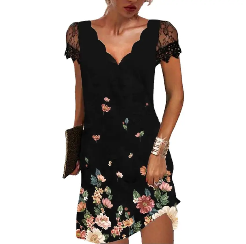 Black Floral Lace Short Sleeve Plus Size Dress - Image 7