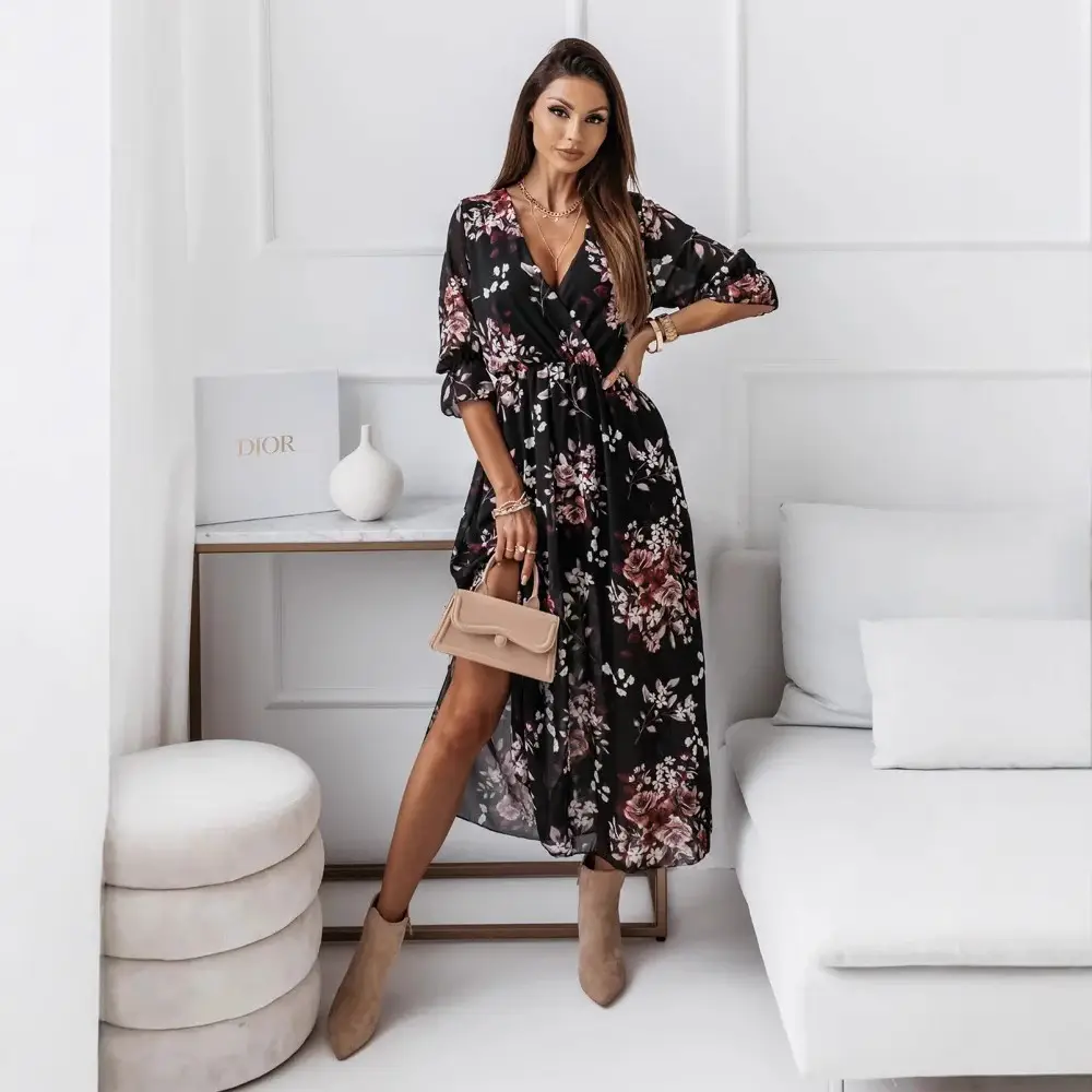 V-Neck Chiffon Printed Dress with Side Slit - Image 6