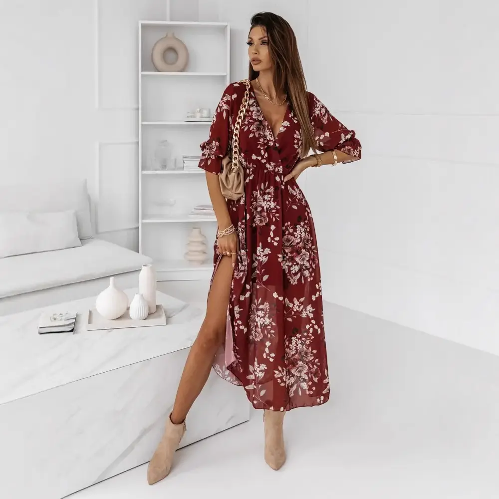V-Neck Chiffon Printed Dress with Side Slit - Image 7