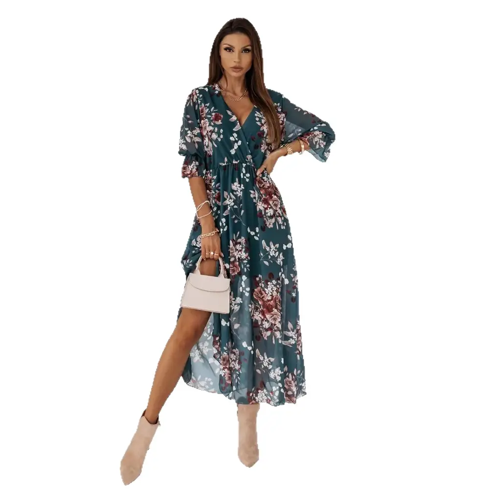V-Neck Chiffon Printed Dress with Side Slit - Image 9