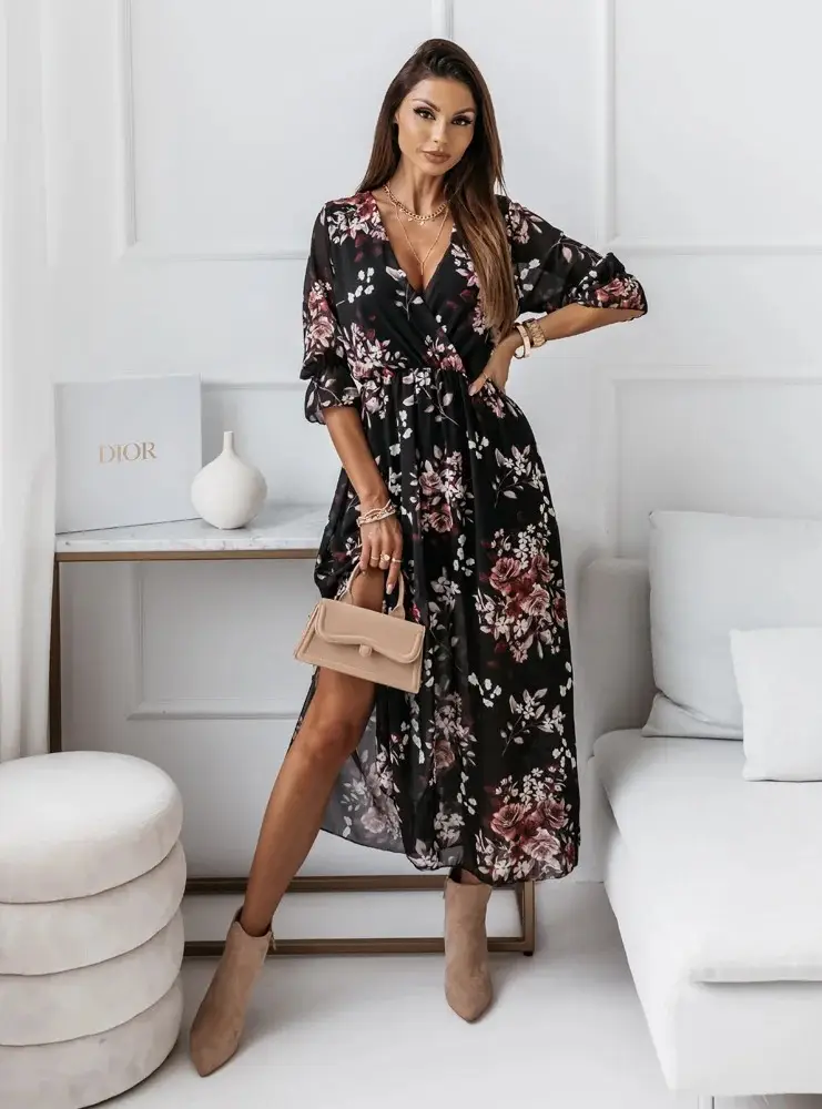 V-Neck Chiffon Printed Dress with Side Slit - Image 3