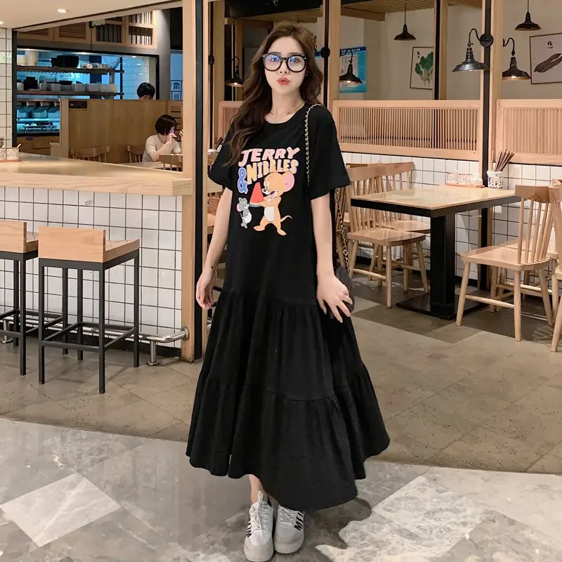 2025 Plus Size Cartoon Spliced Dress Black Mid-Length - Image 2