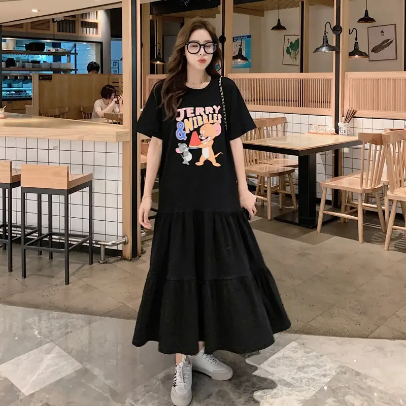 2025 Plus Size Cartoon Spliced Dress Black Mid-Length - Image 3