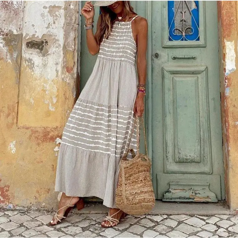 Women's Striped Sleeveless Maxi Dress White - Image 2