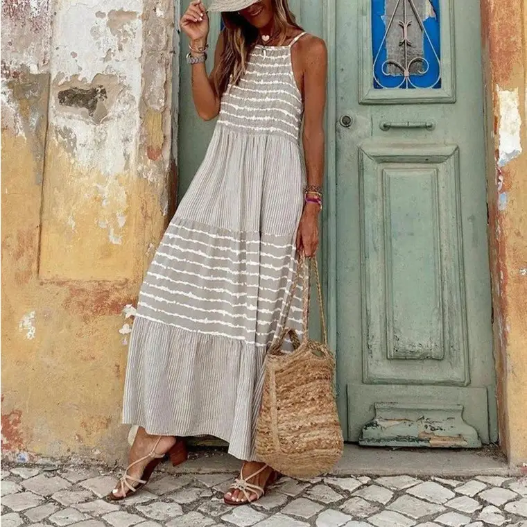 Women's Striped Sleeveless Maxi Dress White - Image 3