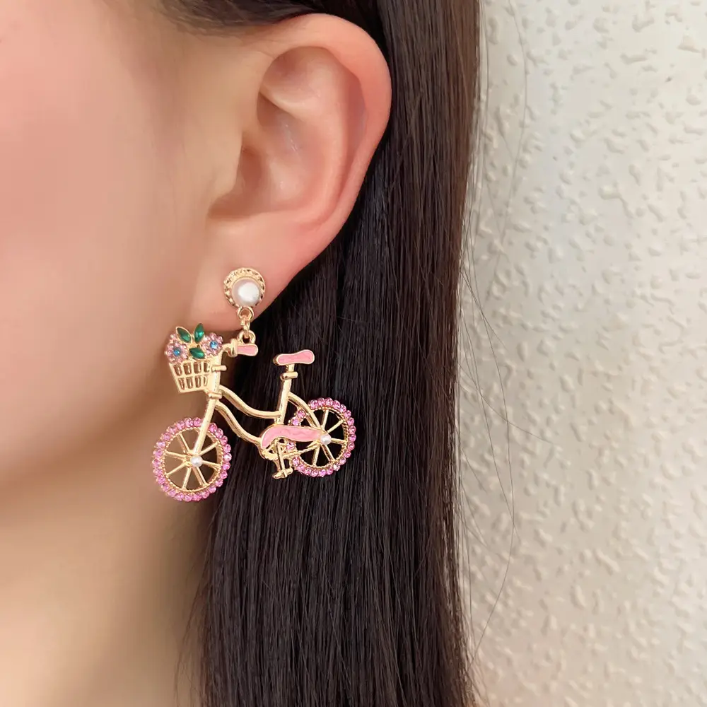 Cute Bicycle Charm with Pearl & Diamond Earrings - Image 8