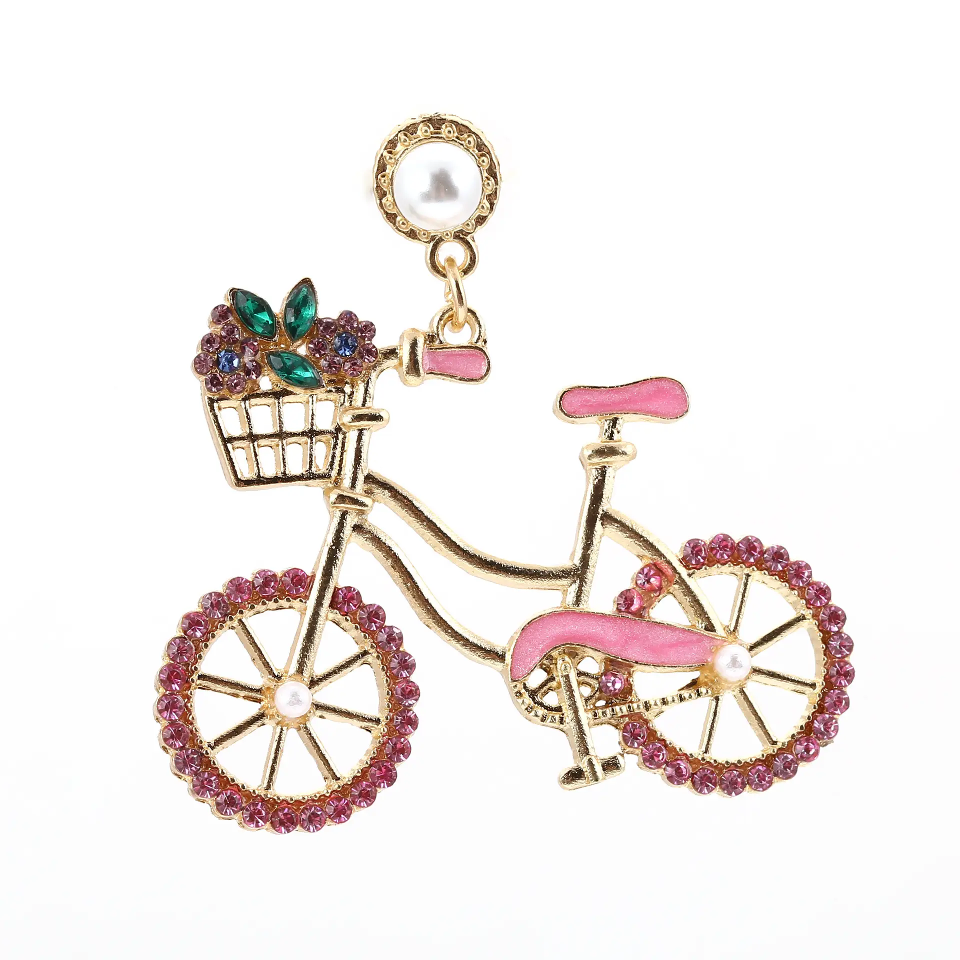 Cute Bicycle Charm with Pearl & Diamond Earrings
