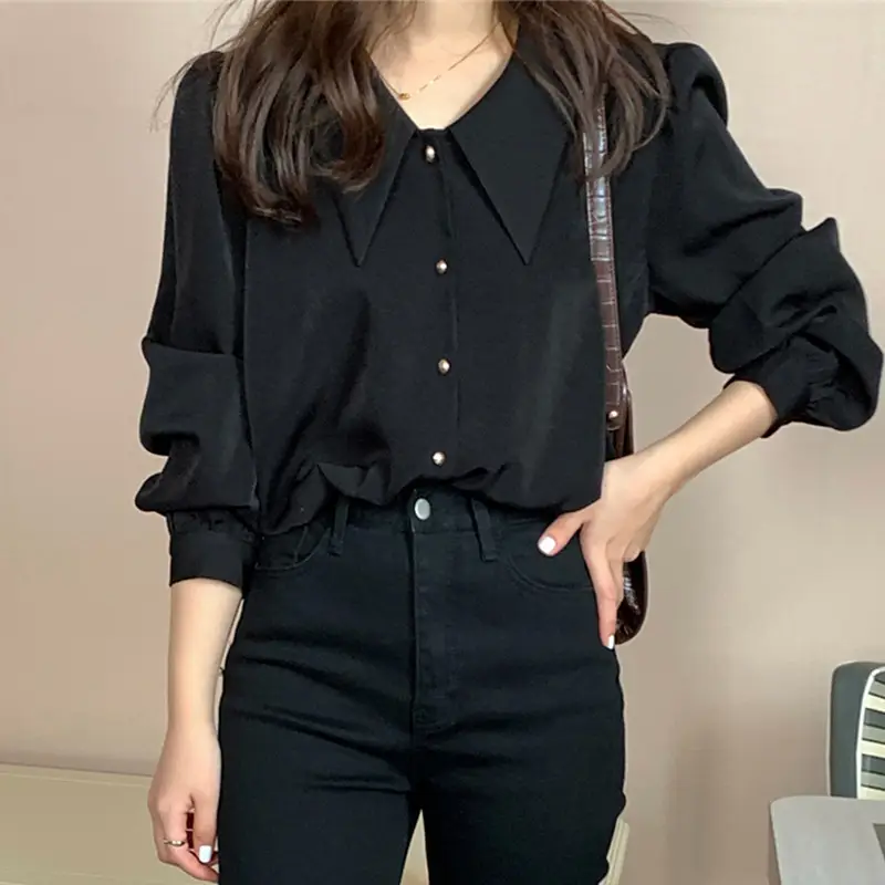 Black Pointed Collar Shirt with Long Sleeves - Image 4