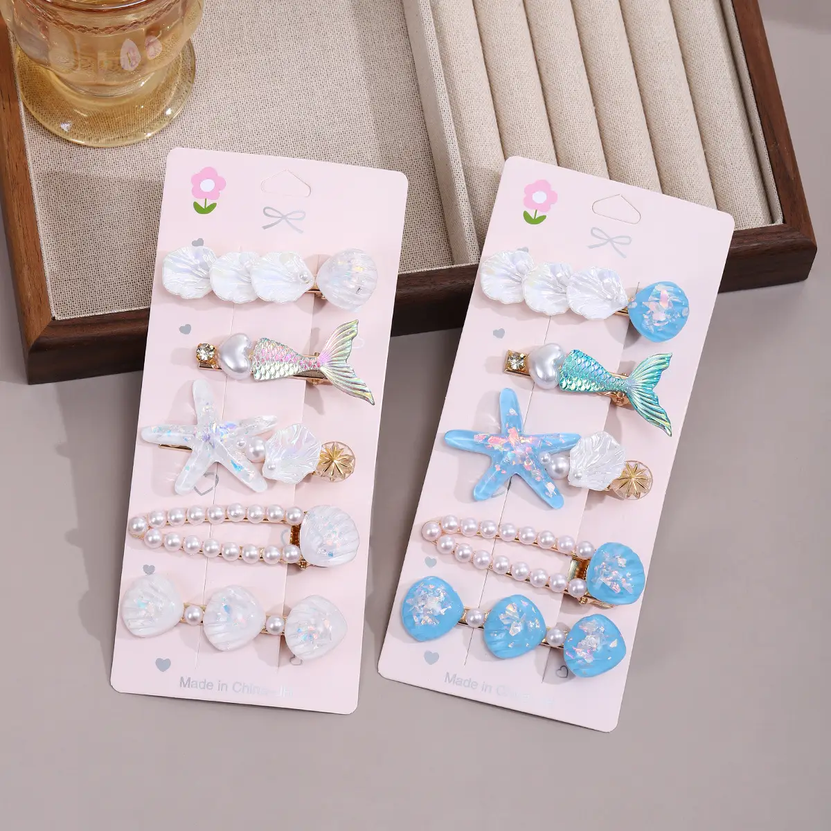 Pearl Hairpin Set for Women with Blue Flowers & Glitter Accents — feature 1