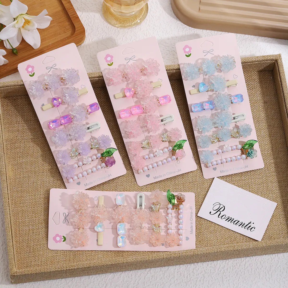 Pearl Hairpin Set for Women with Blue Flowers & Glitter Accents — feature 11