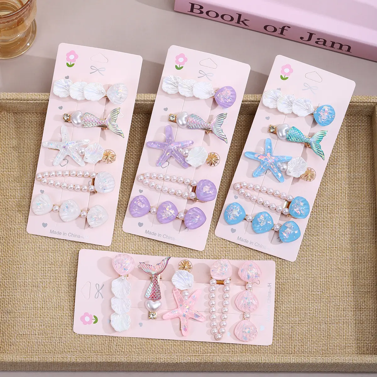 Pearl Hairpin Set for Women with Blue Flowers & Glitter Accents — feature 2