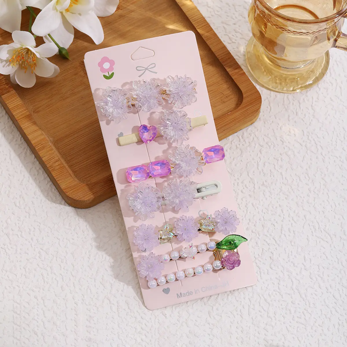 Pearl Hairpin Set for Women with Blue Flowers & Glitter Accents - Image 6