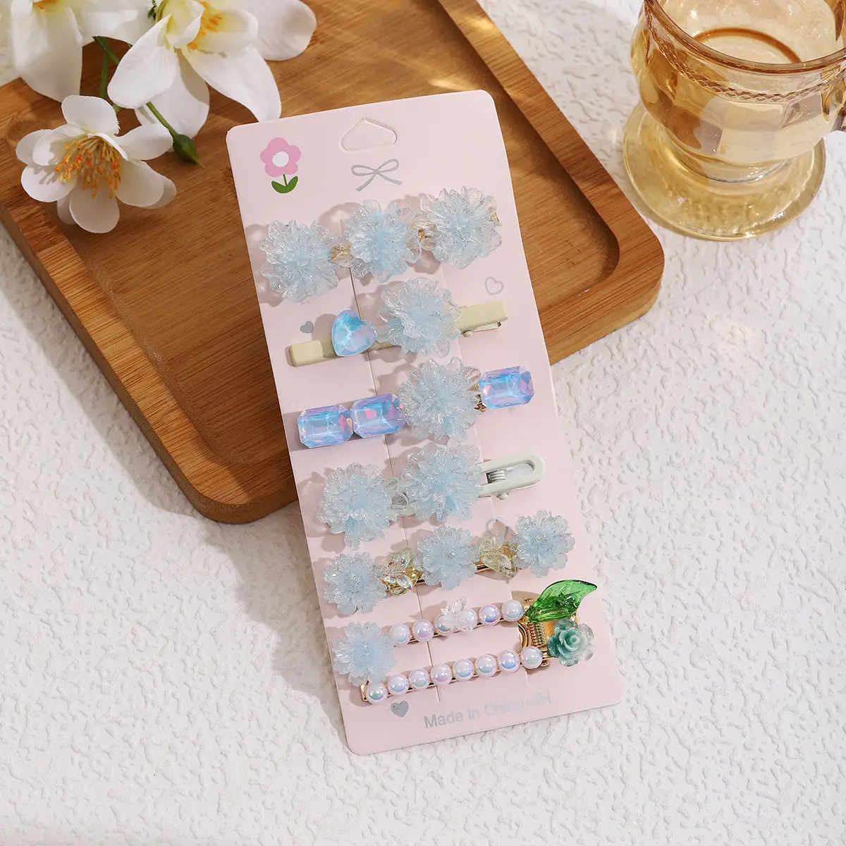 Pearl Hairpin Set for Women with Blue Flowers & Glitter Accents - Image 7