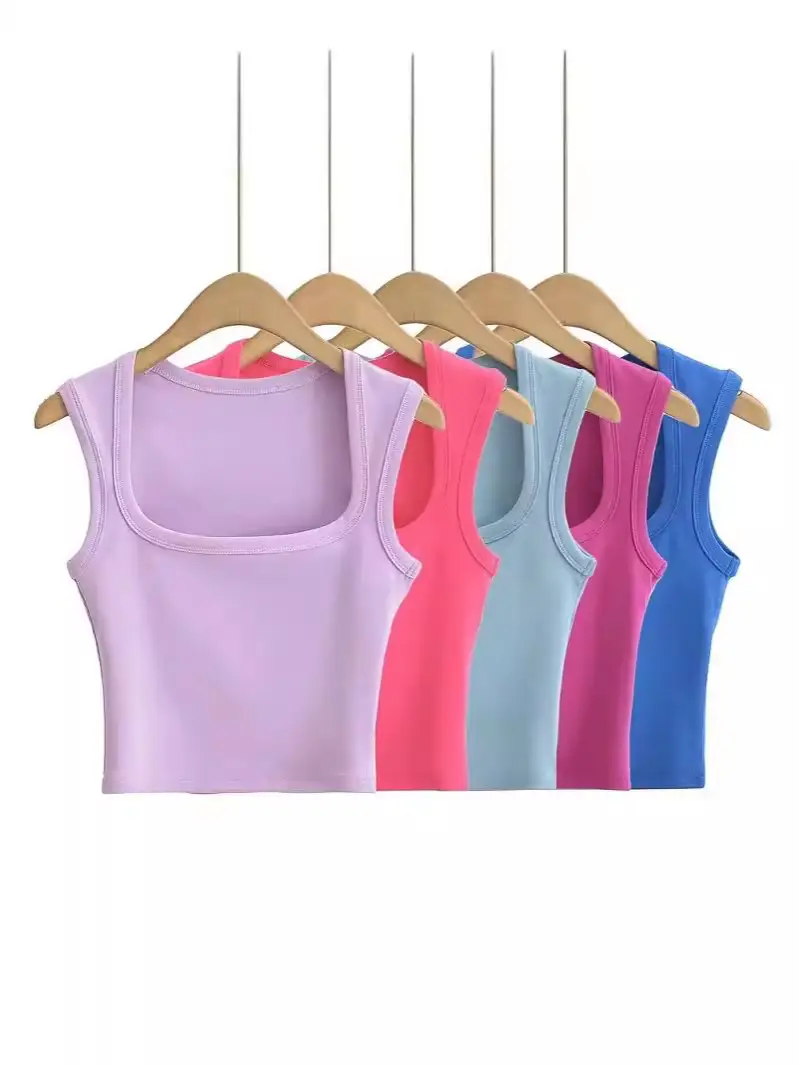 Women's Red Sleeveless Vest with Deep Square Collar - Image 31