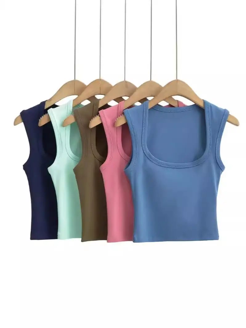 Women's Red Sleeveless Vest with Deep Square Collar - Image 33