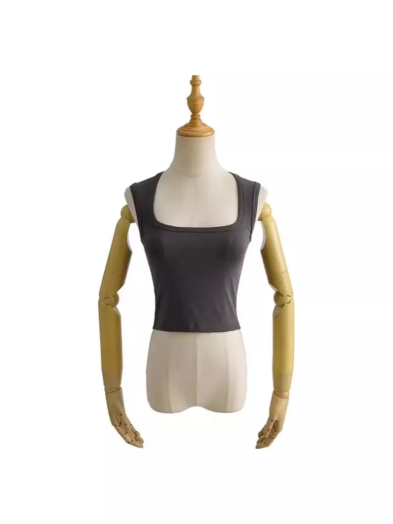 Women's Red Sleeveless Vest with Deep Square Collar - Image 34