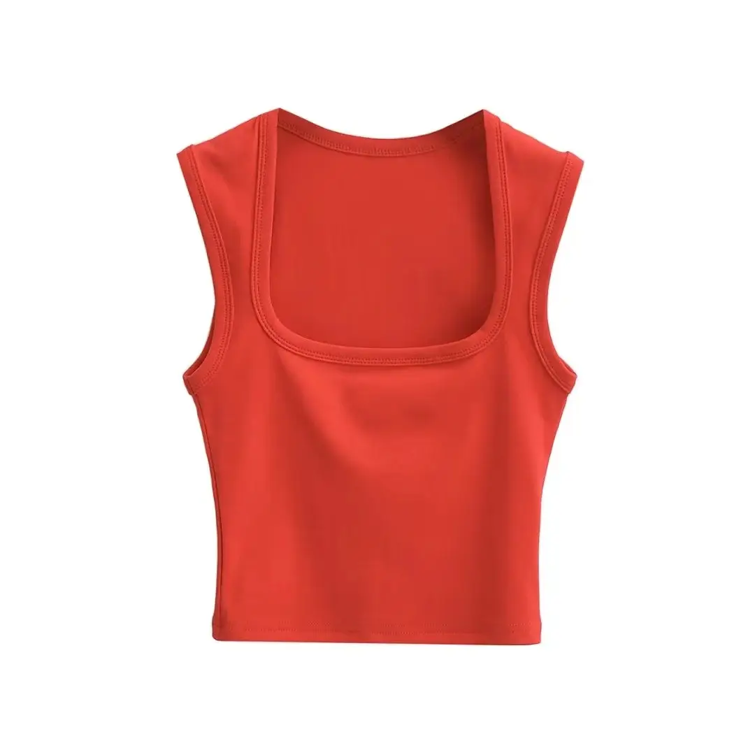 Women's Red Sleeveless Vest with Deep Square Collar - Image 19
