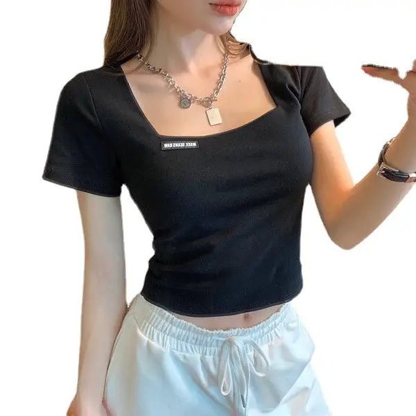 Women Black Square Collar T-Shirt Slim Fit 2025 - Image 7