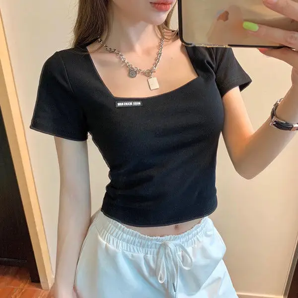 Women Black Square Collar T-Shirt Slim Fit 2025 — feature 8